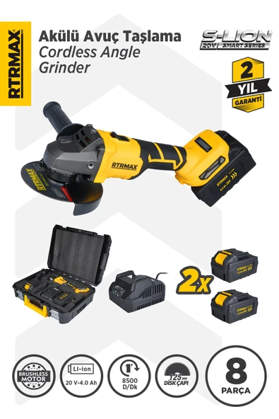 RTS5050 Şarjlı Avuç Taşlama Makinası Kömürsüz 125mm 8.500 Rpm 2x4 Ah 20V Çift Akü S-Lion - Akü Dahil - 2