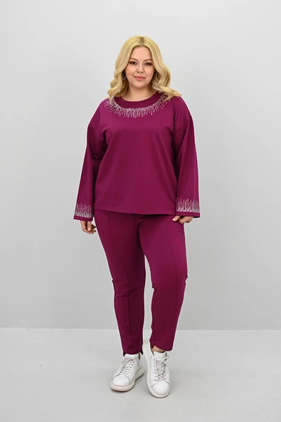 Kadın Büyük Beden Taş Baskı Detaylı Yüksek Bel Eşofman Takımı 8175-25