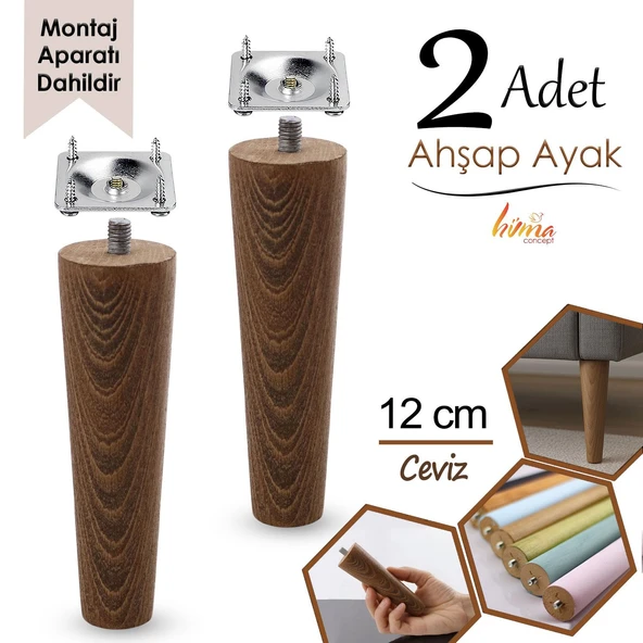 2 Adet Ahşap Ayak 12 Cm Ceviz M8 Civatalı Bağlantı Aparatlı Dolap Mobilya Koltuk Kanepe Destek Ayağı Ayakları ürün görseli 1