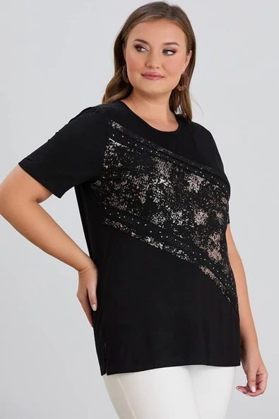 Wearon Kadın Julia Varak Baskılı Taşlı Penye Siyah Tişört - 3