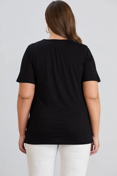 Wearon Kadın Julia Varak Baskılı Taşlı Penye Siyah Tişört - 4