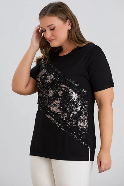 Wearon Kadın Julia Varak Baskılı Taşlı Penye Siyah Tişört - 2