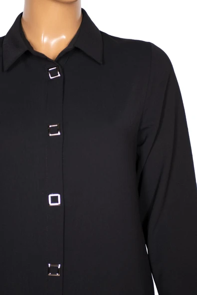 Hesna Kadın Taylor Battal Beden Krep Kare Çıtçıtlı Siyah Tunik - 3