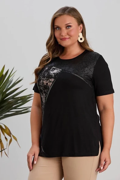 Wearon Kadın Yezra Deri Varak Taş Detaylı Penye Siyah Tişört - 2