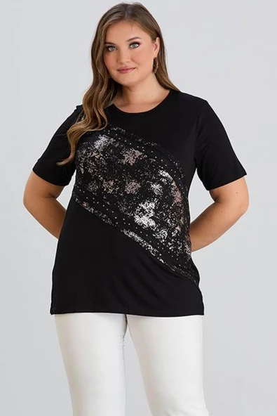 Wearon Kadın Julia Varak Baskılı Taşlı Penye Siyah Tişört