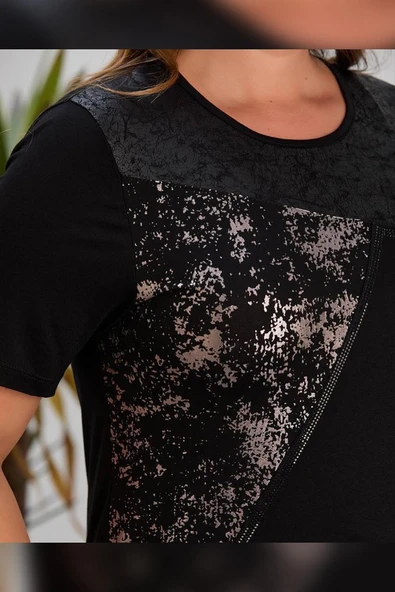 Wearon Kadın Yezra Deri Varak Taş Detaylı Penye Siyah Tişört - 3