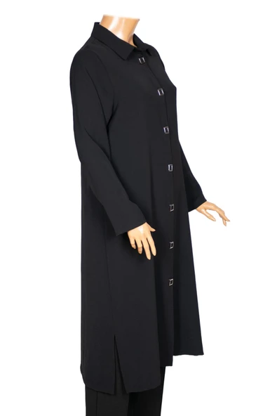 Hesna Kadın Taylor Battal Beden Krep Kare Çıtçıtlı Siyah Tunik - 2