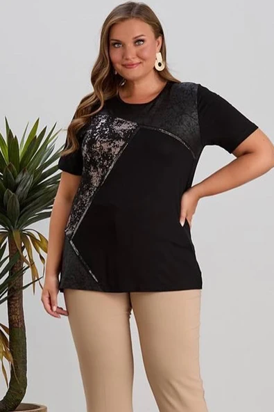 Wearon Kadın Yezra Deri Varak Taş Detaylı Penye Siyah Tişört - 4