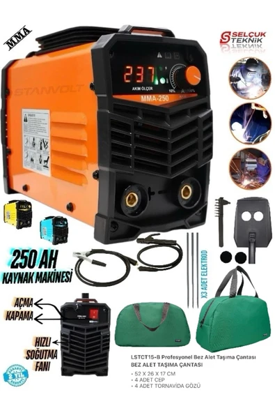 250 Amper Inverter Kademeli Çanta Kaynak Makinesi + LSTCT15-B Profesyonel Bez Alet Taşıma Çantası