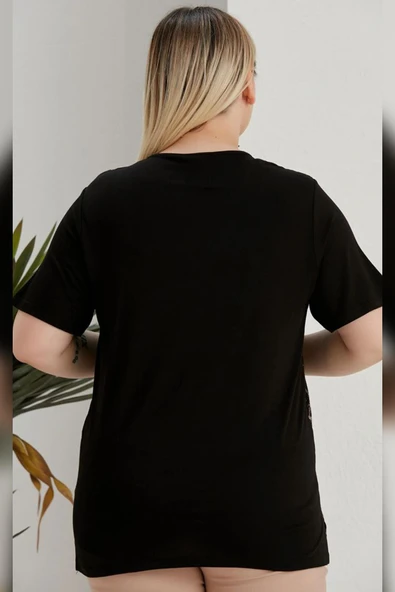 Wearon Kadın Yezra Deri Varak Taş Detaylı Penye Siyah Tişört - 5