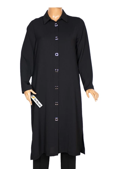 Hesna Kadın Taylor Battal Beden Krep Kare Çıtçıtlı Siyah Tunik