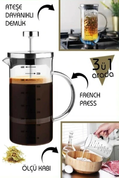 Çok Amaçlı Isıyı Koruyan Süzgeçli Bitki Çayı Filtre Kahve Demlik Ölçü Kabı Cam French Press 600 ml - 3