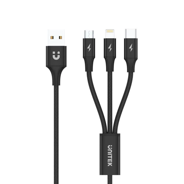 UNITEK USB-A 3in1 HIZLI ŞARJ KABLOSU 1.2MT 2.4A MICRO USB, TYPE-C, LIGHTNING (C14049BK) - 3