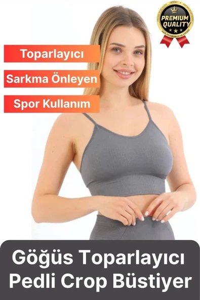 Göğüs Toparlayıcı Sarkma Önleyen Gündelik Spor Kullanım İnce İp Askılı Pedli Çizgili Crop Büstiyer - 1