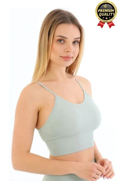 Göğüs Toparlayıcı Sarkma Önleyen Gündelik Spor Kullanım İnce İp Askılı Pedli Çizgili Crop Büstiyer - 4