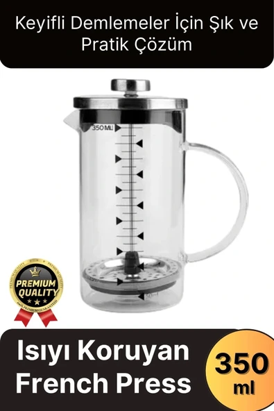 Çok Amaçlı Isıyı Koruyan Süzgeçli Bitki Çayı Filtre Kahve Demlik Ölçü Kabı Cam French Press 350 ml