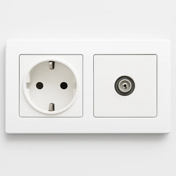 Karen İkili Beyaz Çerçeve Priz Seti Topraklı Elektrik Prizi TV Anten Prizi F Tipi Ofis ve Ev Kullanımı