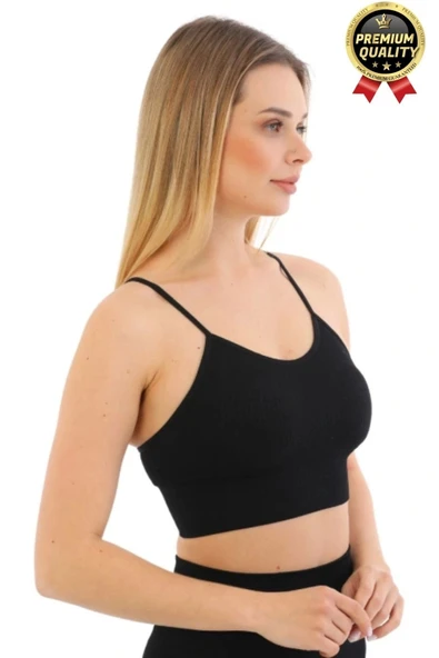 Göğüs Toparlayıcı Sarkma Önleyen Gündelik Spor Kullanım İnce İp Askılı Pedli Çizgili Crop Büstiyer - 4