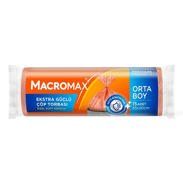 MACROMAX EKSTRA GÜÇLÜ ÇÖP TORBASI ORTA BOY 15Lİ 55X60CM  ÖZEL SOFT KOKULU  3273 ürün görseli 1