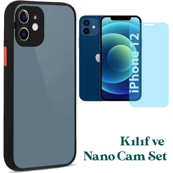 Apple iPhone 12 Uyumlu Montreal Kılıf Ve Nano Cam Ekran Koruyucu Set Siyah ürün görseli 1