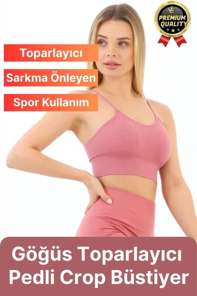 Göğüs Toparlayıcı Sarkma Önleyen Gündelik Spor Kullanım İnce İp Askılı Pedli Çizgili Crop Büstiyer - 1