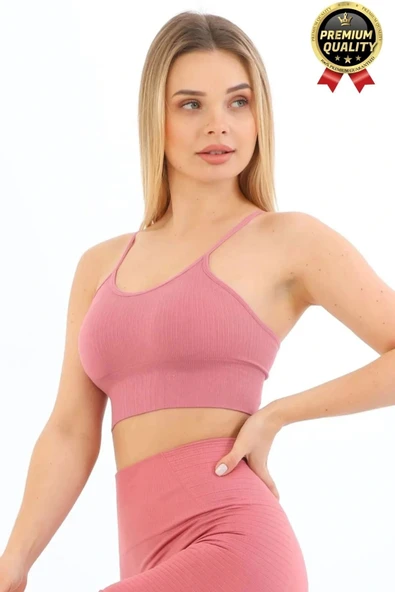 Göğüs Toparlayıcı Sarkma Önleyen Gündelik Spor Kullanım İnce İp Askılı Pedli Çizgili Crop Büstiyer - 4