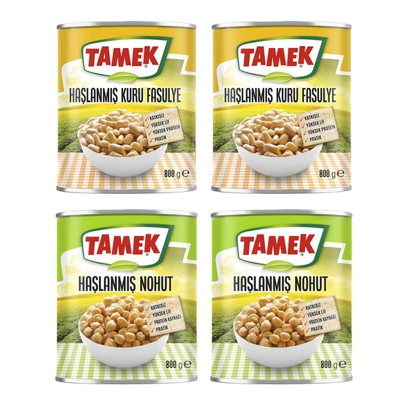 Tamek Haşlanmış Kuru Fasulye - Nohut 800 gr 4 lü Karma Paket