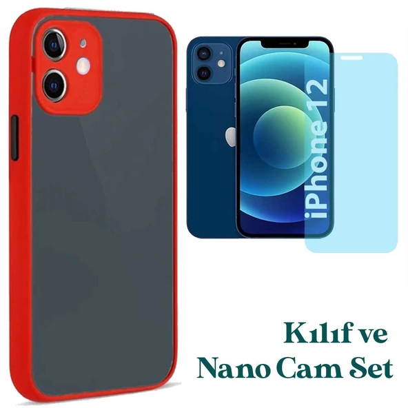 Apple iPhone 12 Uyumlu Montreal Kılıf Ve Nano Cam Ekran Koruyucu Set Kırmızı ürün görseli 1