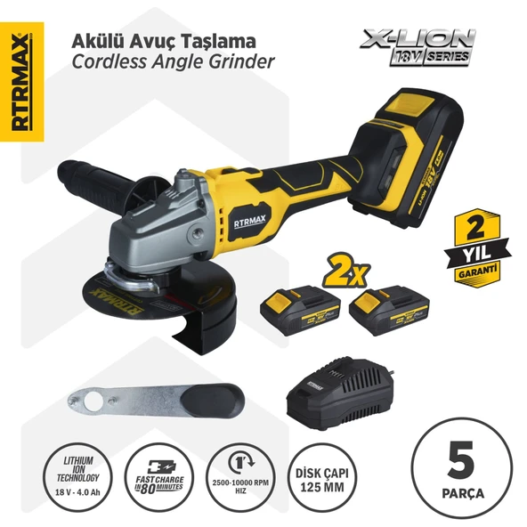 RTX3060 Şarjlı Avuç Taşlama Makinası Kömürsüz 125mm 2x4AhPlus Çift Akü Hızlı Şarj X-Lion - Akü Dahil