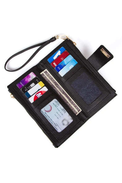 Telefon Bölmeli Büyük Para Cüzdanı Bilek Askılı Bayan Suni Deri Portföy Cüzdan - 3