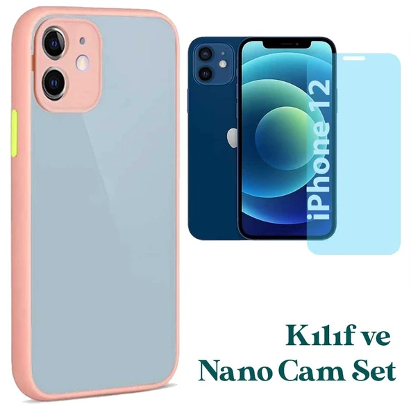 Apple iPhone 12 Uyumlu Montreal Kılıf Ve Nano Cam Ekran Koruyucu Set Pembe ürün görseli 1