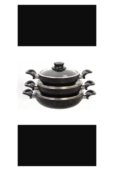 KLASİK ÇİFT KULP KAPAKLI SİYAH GÜMÜŞ GRANİT OMLET/SAHAN TAVA SETİ 18-20-22 CM - 2