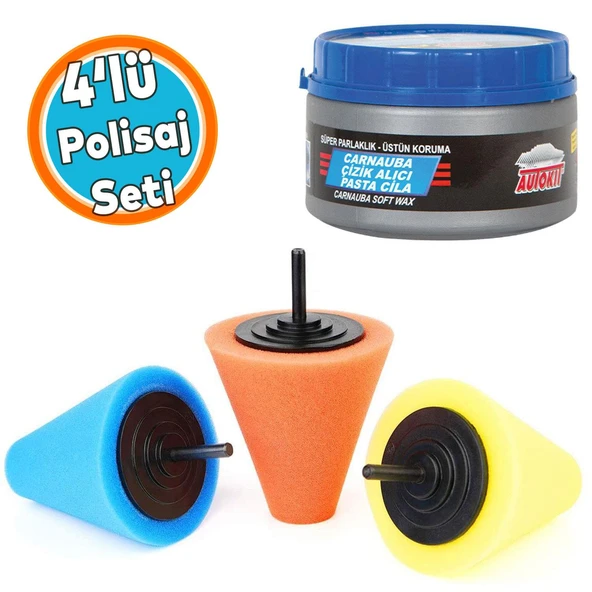 (4 PARÇA) Konik Pasta Cila Matkap Ucu Jant Oto Parlatma Polisaj Süngeri Aparatı Temizlik Seti