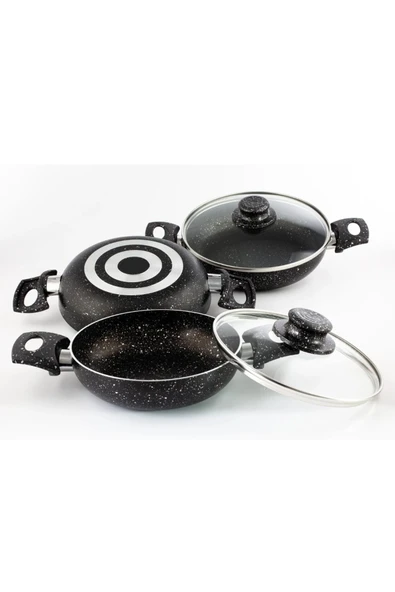 KLASİK ÇİFT KULP KAPAKLI SİYAH GÜMÜŞ GRANİT OMLET/SAHAN TAVA SETİ 18-20-22 CM - 1