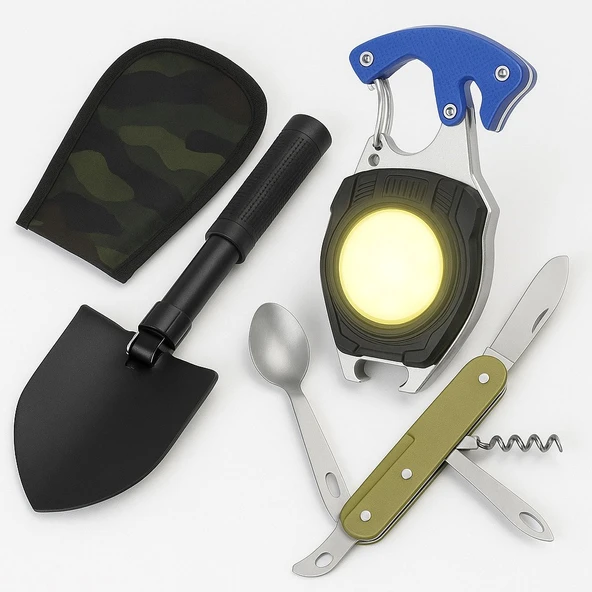 3 LÜ Kamp Seti 7 modlu Çok İşlevli Fener Seti Çatal Bıçak Kürek Kazma Kamp Takımı Çok Kullanışlı Set