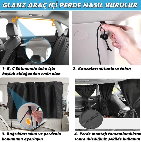 Glanz Araç İçi Perde Araba Gizlilik Perdesi Oto Güneşlik Perde Seti - 6