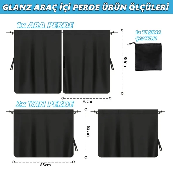 Glanz Araç İçi Perde Araba Gizlilik Perdesi Oto Güneşlik Perde Seti - 7