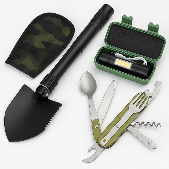 3 LÜ Kamp Seti El feneri Çatal Bıçak Kaşık Kamp Takımı Kürek Kazma Kamp Seti Çok Kullanışlı Set