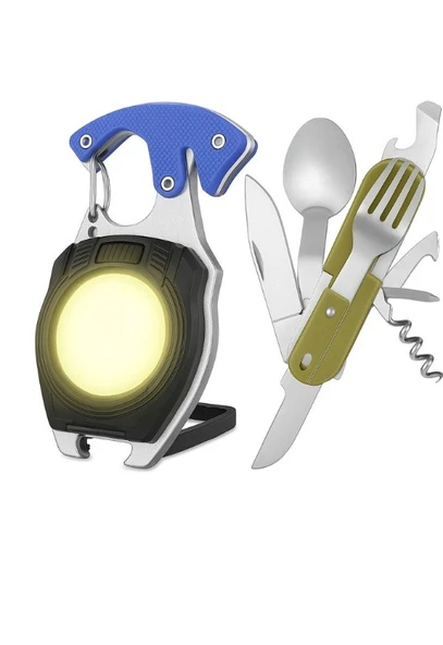 2 Lİ Kamp Seti 7 Modlu Çok İşlevli Fener Seti Ve Çatal Bıçak Takımı Çok Kullanışlı Kamp Seti