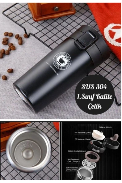 12 Saate Kadar Sıcak Soğuk Tutma Filtreli Çift Katmanlı 2 Adet Siyah Beyaz İnox Mug Termos  380ML - 5