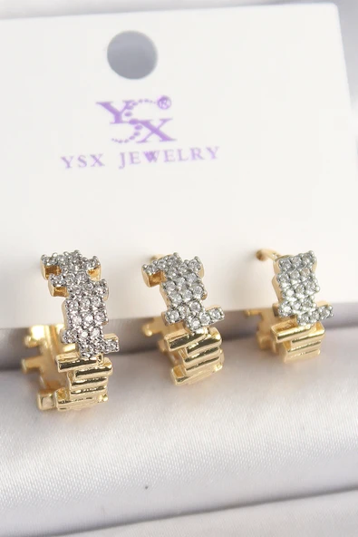 Pirinç Gold Renk Zirkon Taşlı Dorika Model 3'Lü Kadın Kombin Küpe - TJ-BKP10451 - 1