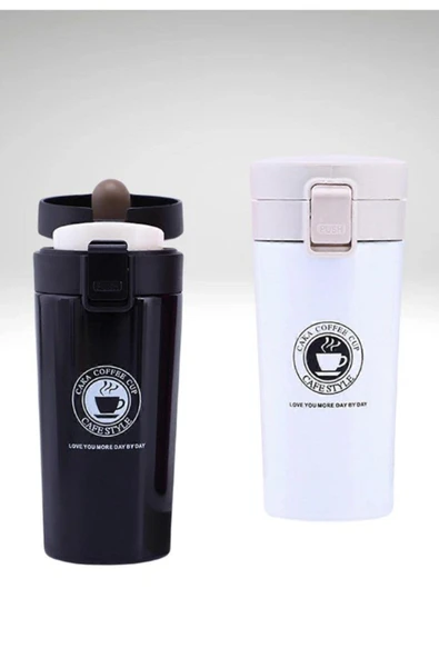 12 Saate Kadar Sıcak Soğuk Tutma Filtreli Çift Katmanlı 2 Adet Siyah Beyaz İnox Mug Termos  380ML - 4