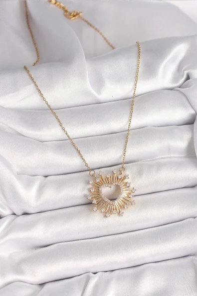 316L Çelik Gold Renk Zirkon Taşlı Kalp Model Kadın Kolye - TJ-BKO9920 - 2