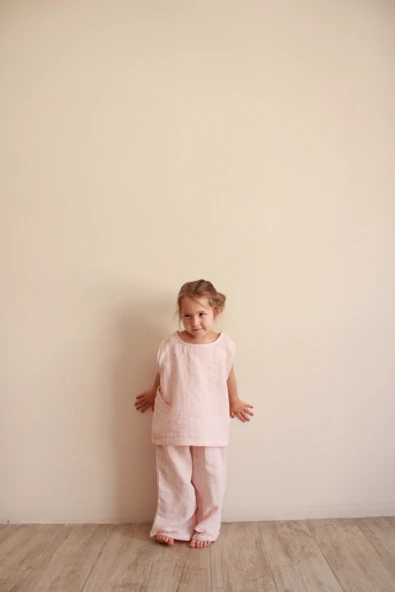 Pembe Çizgili Asimetrik Cepli Müslin Takım - 5
