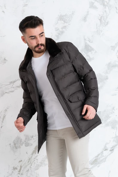 YAKA KÜRKLÜ REGULAR FİT ERKEK ŞİME MONT - 9