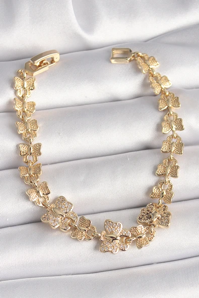 Pirinç Gold Renk Zirkon Taşlı Kelebek Model Zincir Kadın Bileklik - TJ-BB6834 - 1