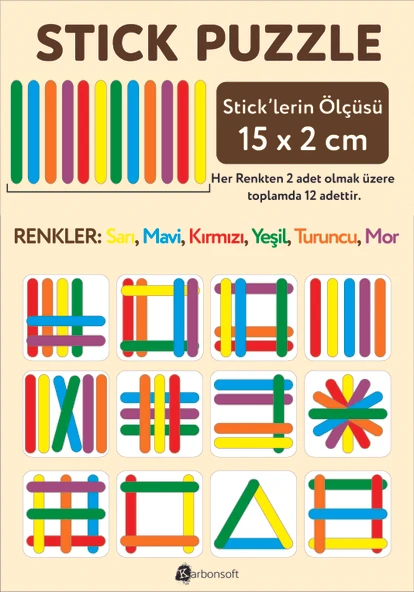 Stick Puzzle Eğitici Ahşap Çubuk Seti  12 Parça Renkli Şekil Oyunu - 2