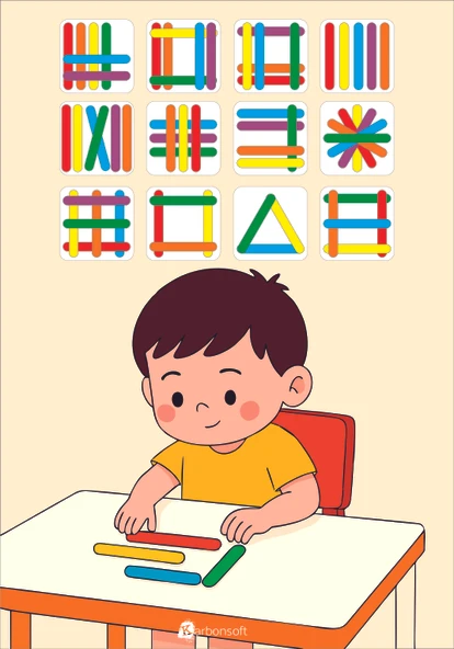 Stick Puzzle Eğitici Ahşap Çubuk Seti  12 Parça Renkli Şekil Oyunu - 3