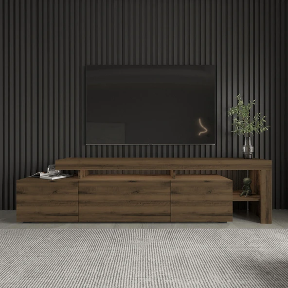 İNARCH DİZAYN Beliz Led Işıklı Tv Ünitesi, Tv Sehpası, Raflı, Antik Ceviz - 2