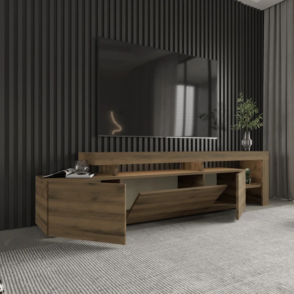 İNARCH DİZAYN Beliz Led Işıklı Tv Ünitesi, Tv Sehpası, Raflı, Antik Ceviz - 3